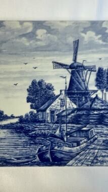 Dutch Delft Blue Windmill On The Rhine Porcelain 6x6 Tile Made In Holland- Read